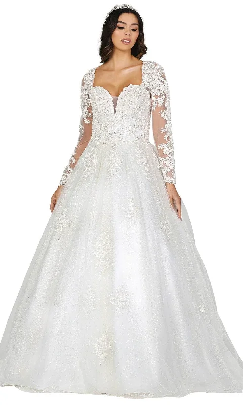 Hurry In Dancing Queen 0156 - Sheer Long Sleeve Plunging V-Neck Wedding Ballgown