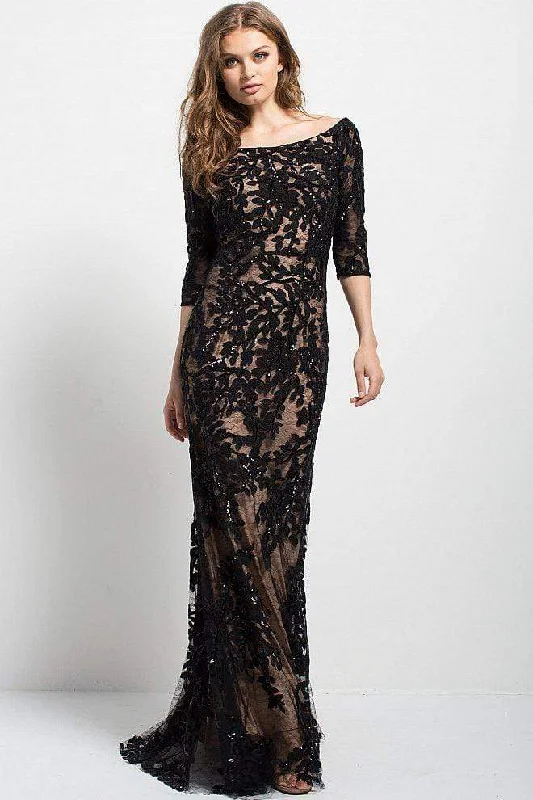 Deal Dash Jovani - Lace Quarter Length Sleeve Bateau Gown 49636  - 1 pc Black/Nude In Size 24 Available