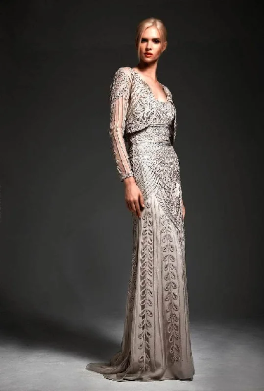 Overstock Hynes Park - Long Sleeve Illusion Bolero with Soutache Long Gown 8705 - 1 pc Mocha In Size 12 Available