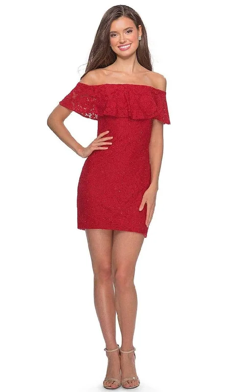 Final Sale La Femme - Draped Lace Off Shoulder Short Dress 28147SC