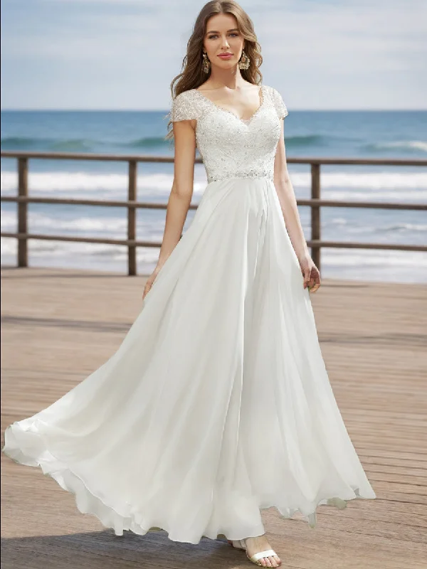 Deal Explosion A-Line/Princess V-Neck Short Sleeves Beading Wedding Dresses