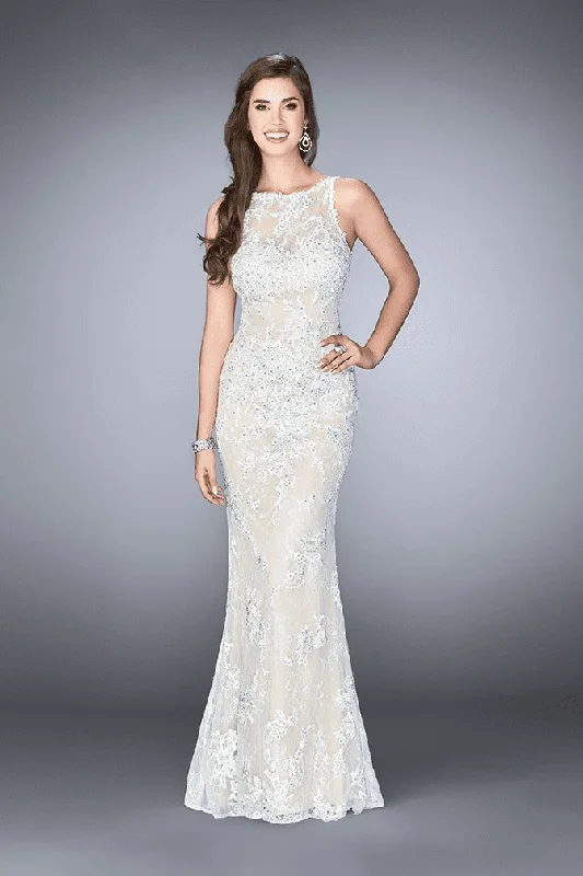 Huge Discounts La Femme Gigi Illusion Bateau Laced Evening Gown 24565