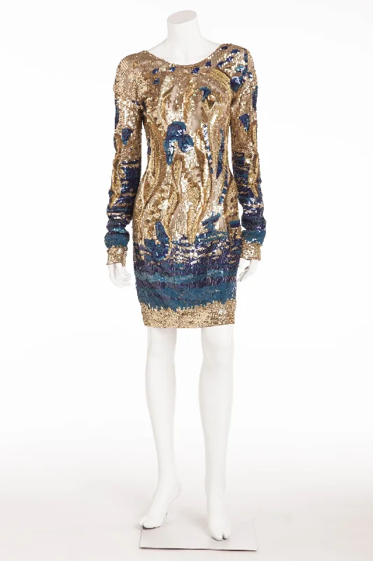 Special Discount Emillio Pucci - Featured on Cover of Vogue - Gold and Blue Long Sleeve Embellished Open Back Dress - IT 42