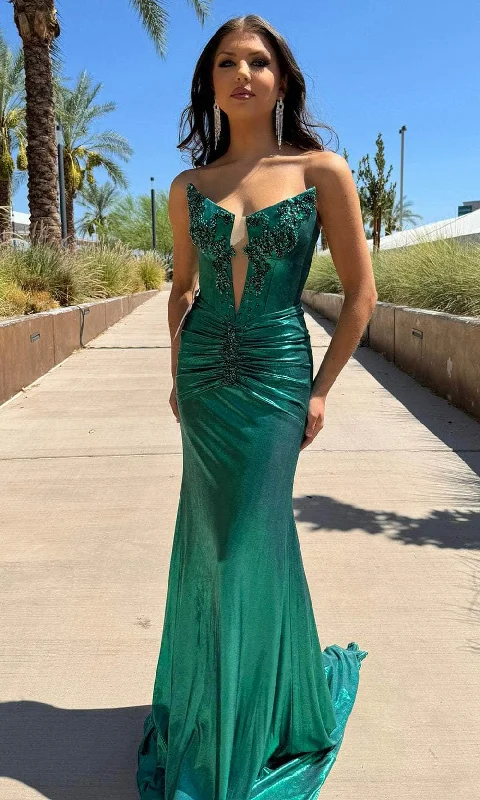 Lowest Prices Portia and Scarlett PS25320 - Plunging Neck Beaded Applique Prom Gown