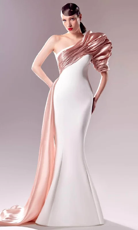 Lowest Prices MNM Couture G1633 - Puffed One-Shoulder Sleeve Crepe Gown