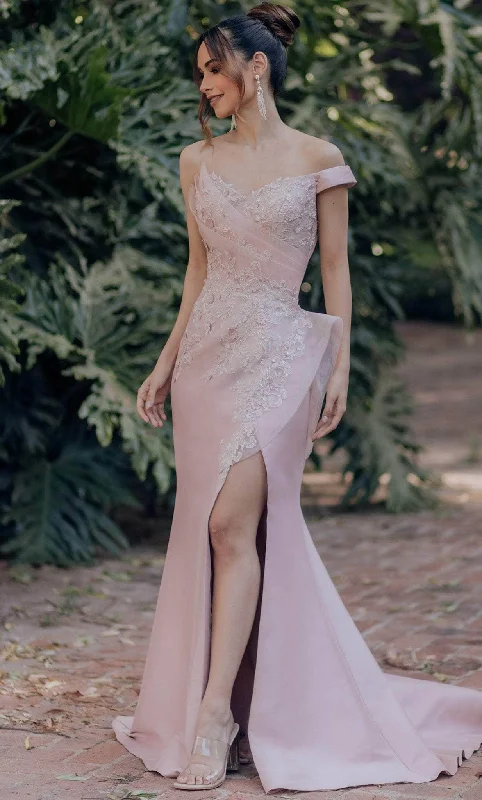 Exclusive Access Terani Couture 232E1237 - Asymmetric Floral Appliqued Evening Gown