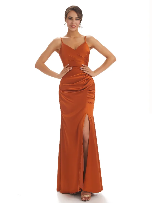 Don’t Miss Out Sexy Spaghetti Straps Soft Satin Pleats Side Slit Mermaid Long Bridesmaid Dresses For Wedding