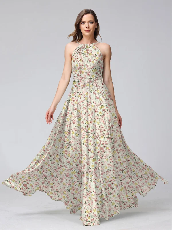 Hurry In A-Line/Princess Halter Sleeveless Ruched Floral Bridesmaid Dresses