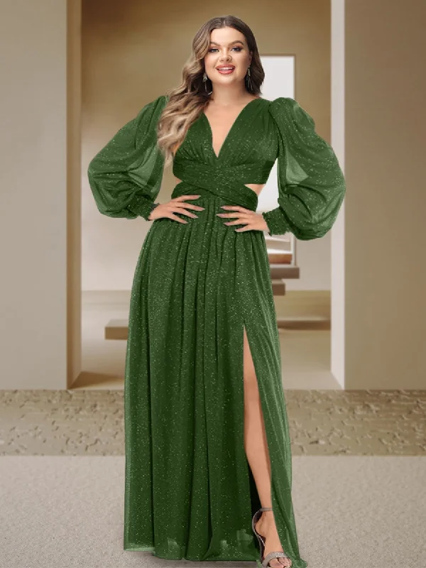Exclusive Savings Sexy A-Line/Princess V-Neck Long Sleeves Floor-Length Plus Size Bridesmaid Dresses with Side Slit Exclusive Savings Sexy A-Line/Princess V-Neck Long Sleeves Floor-Length Plus Size Bridesmaid Dresses with Side Slit