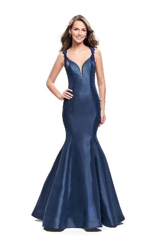 Overstock La Femme - 25972 Sleeveless Lace Cutout Back Mikado Mermaid Gown
