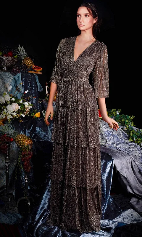 Clearance Items Janique 210722 - Quarter Length-Sleeve Plunging V-neck Evening Dress