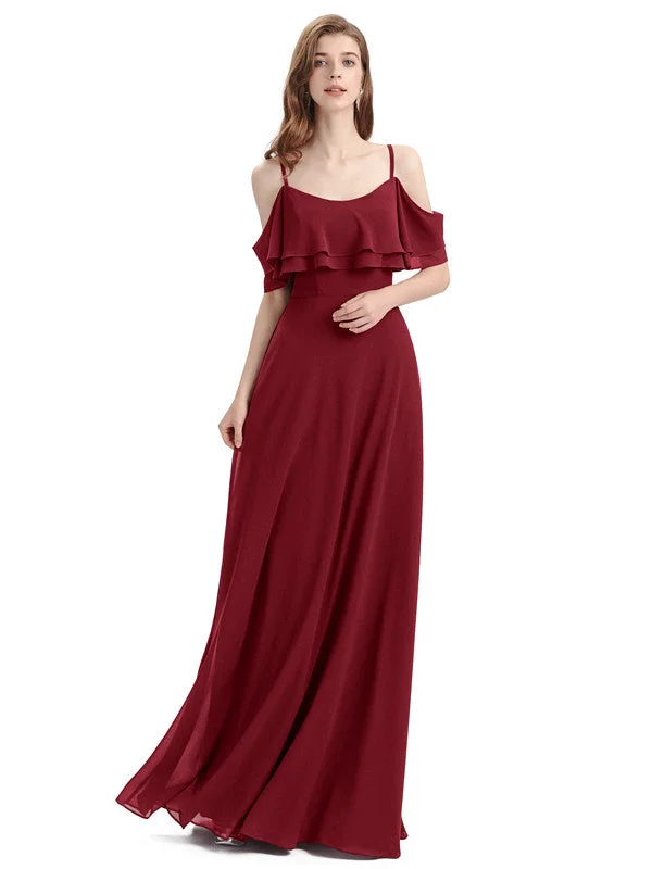 New Arrival Elegant A-line Spaghetti Straps Chiffion Floor-Length Bridesmaid Dresses