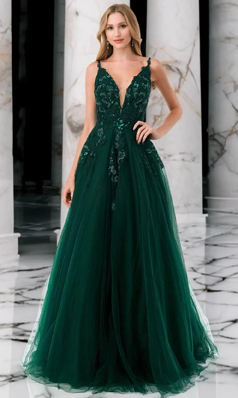 YEAR-End Sale Aspeed Design L2811T - Lace Appliqued Plunging Evening Gown