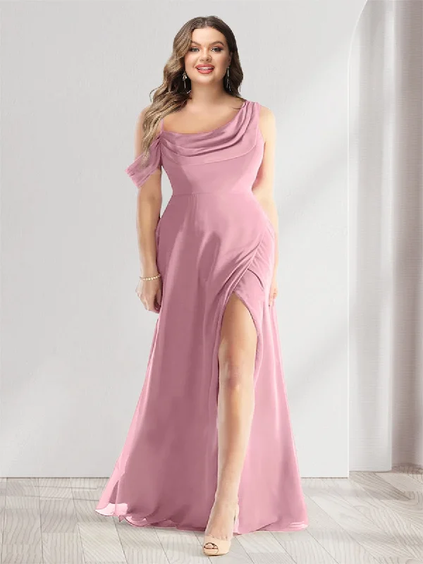 Bargain Prices Sheath/Column Cowl Neck Sleeveless Floor-Length Chiffon Plus Size Bridesmaid Dresses with Split Side Bargain Prices Sheath/Column Cowl Neck Sleeveless Floor-Length Chiffon Plus Size Bridesmaid Dresses with Split Side