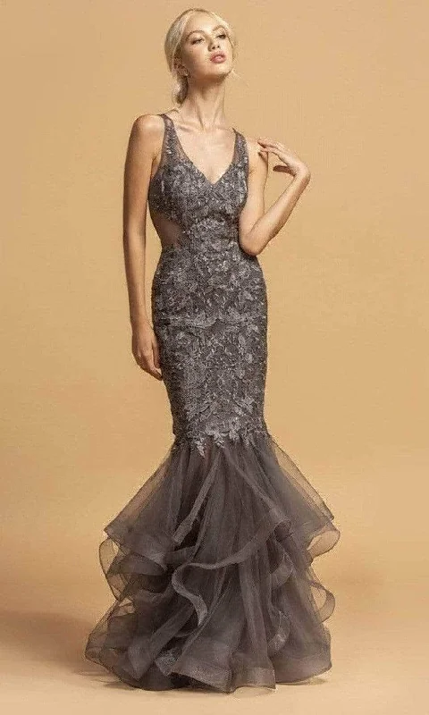 Deal Frenzy Trevi Collection L2116 - Embroidered V-Neck Evening Dress