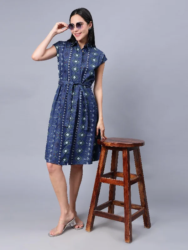 Buy Now Women's Blue Printed Cotton A-Line Shirt Dress - Casual Sleeveless Button Closure