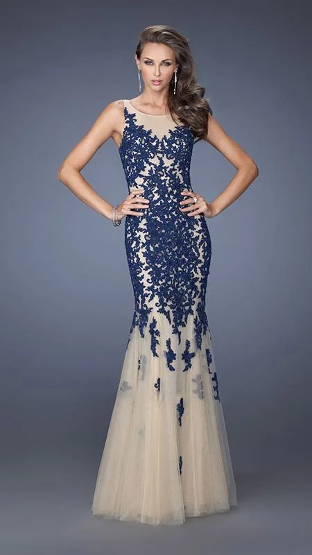 Sale Event La Femme Lace Appliqued Jewel Tulle Mermaid Evening Gown 19916 - 1 pc Navy In Size 4 Available