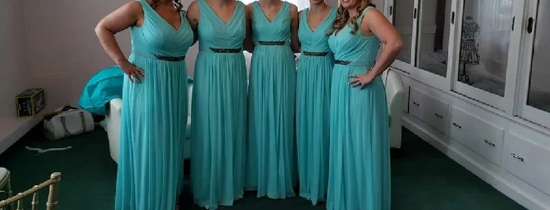 Online Exclusive David's Bridal Long Mesh Dress with V-Neck and Beaded Waistband
