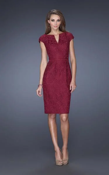 Savings Alert La Femme - 20501SC Modern Lace Split V-Neck Short Column Dress