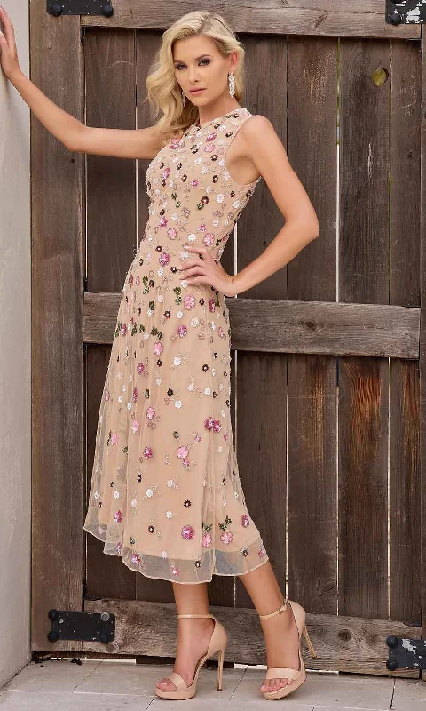 Stock Clearance Primavera Couture 13159 - Jewel Neck Floral Sequined Tea-Length Dress