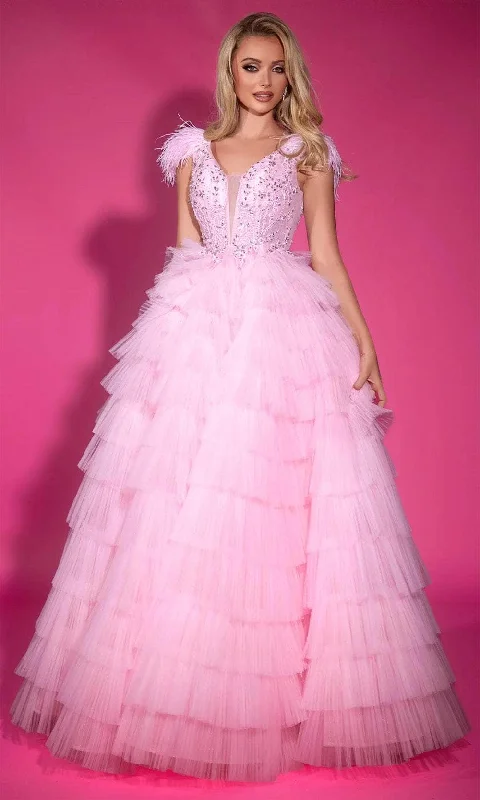 Incredible Offers Portia and Scarlett PS25317 - Plunging Neck Feather Detailed Ballgown