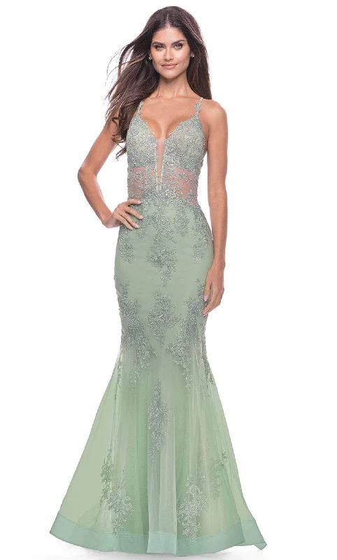 Season Finale Sale La Femme 31598SC - Deep V-Neck Lace Evening Gown