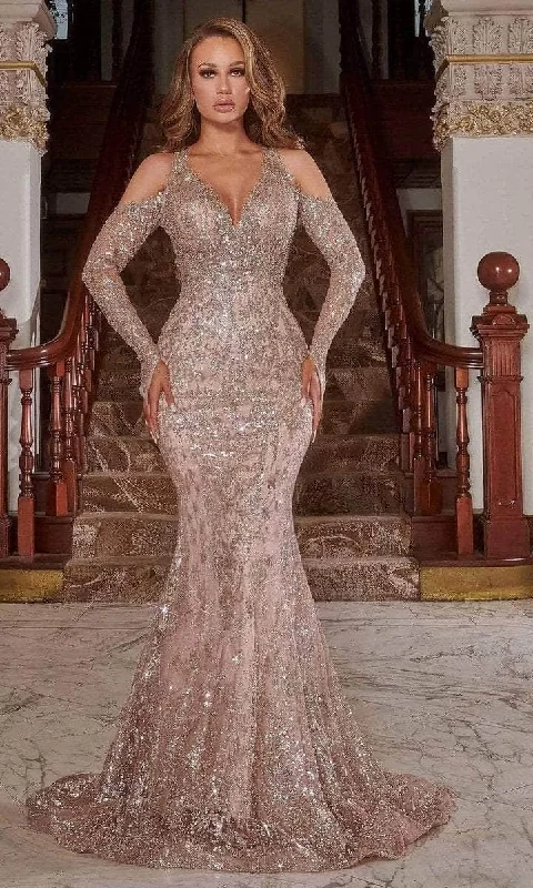 Seasonal Sale Portia and Scarlett - Long Sleeve Beaded Prom Gown PS22909 - 1 pc Rose Gold In Size 18 Available