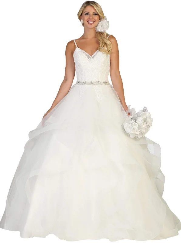 Savings Event May Queen - RQ7644 Lace Embellished V-neck Ruffled A-line Gown