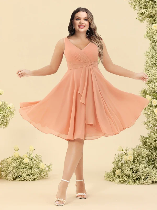 Deal Dash A-Line/Princess Knee-Length V-Neck Plus Size Bridesmaid Dresses With Ruffles
