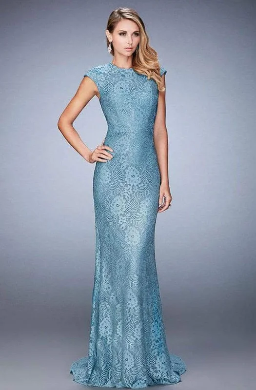 Lowest Prices La Femme - Cap Sleeve Jeweled Sheath Long Dress 22971SC - 1 pc Smoky Blue In Size 12 Available