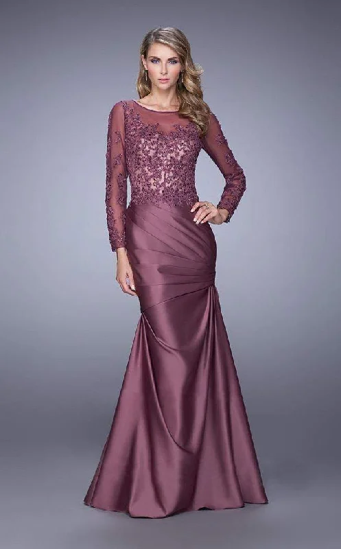 Sale Event La Femme Appliqued Long Sleeve Pleated Trumpet Gown 21708 - 1 pc Pewter in Size 14 and 1 pc Navy In Size 18 Available