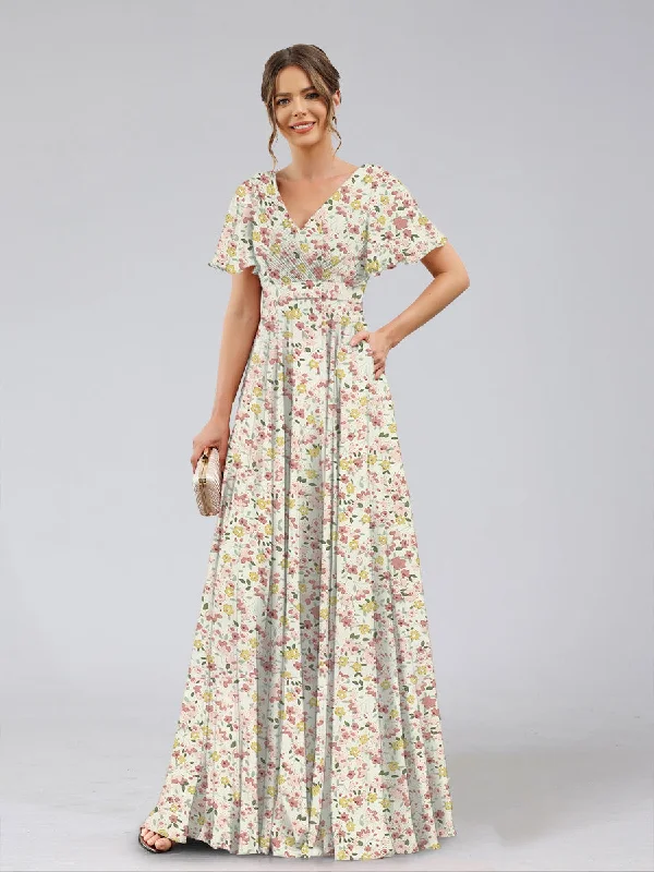 Discount Deals A-Line/Princess V-Neck Short Sleeves Ruched Floral Bridesmaid Dresses