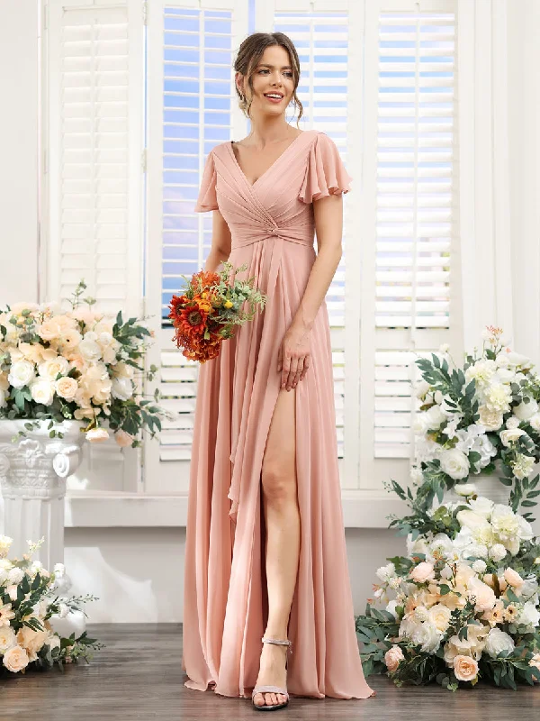 Limited Edition A-Line V-Neck Short Sleeves Split Side Chiffon Bridesmaid Dresses