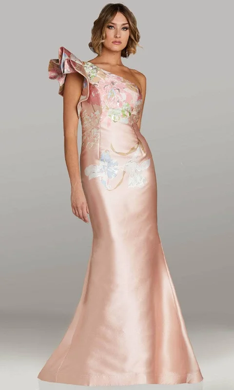 Super Deal Feriani Couture 18405 - Floral Print One Shoulder Evening Gown