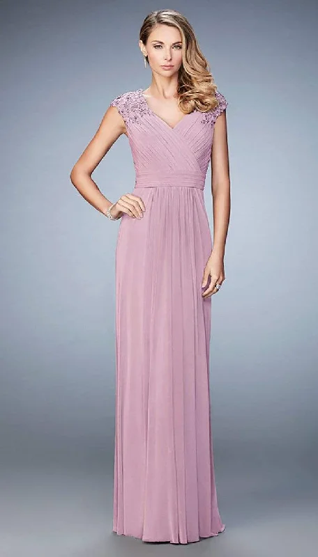 Best Bargains La Femme Floral Laced Cap Sleeve Gown 23004SC - 1 Pc Mauve in Size 10 Available