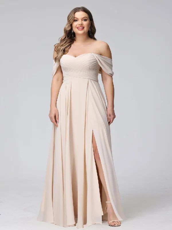 Amazing Deals A-Line Off-the-Shoulder Sleeveless Ruched Long Chiffon Plus Size Bridesmaid Dresses with Split Side