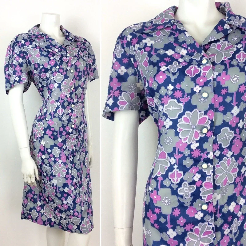 Major Savings STUNNING VINTAGE 60S 70S PSYCHEDELIC BLUE PURPLE FLORAL TEA DRESS 16 18