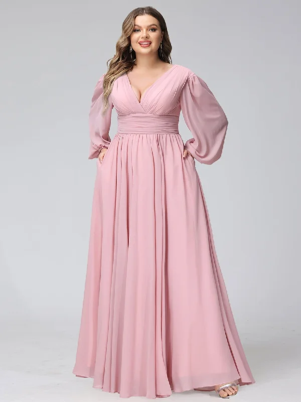 Special Savings A-Line V-Neck Long Sleeves Long Chiffon Plus Size Bridesmaid Dresses With Split Side Pockets Special Savings A-Line V-Neck Long Sleeves Long Chiffon Plus Size Bridesmaid Dresses With Split Side Pockets