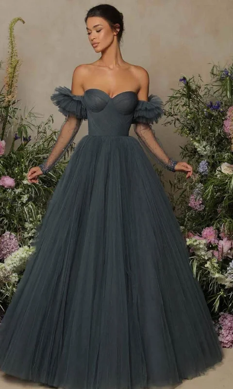 Online Only Tarik Ediz 98052 - Ruffled Sleeve A-Line Evening Gown