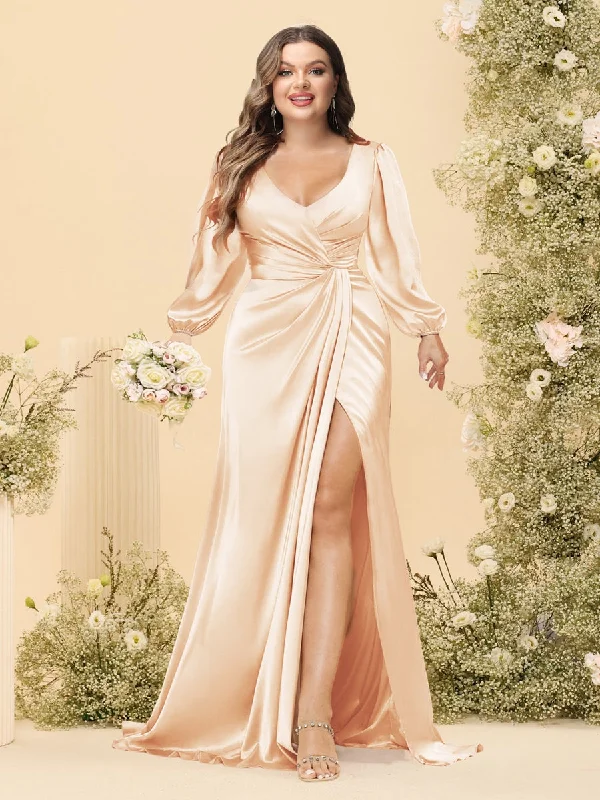 One-DAY Sale Sheath/Column V-Neck Long Sleeves Formal Plus Size Dresses with Split Side & Ruched