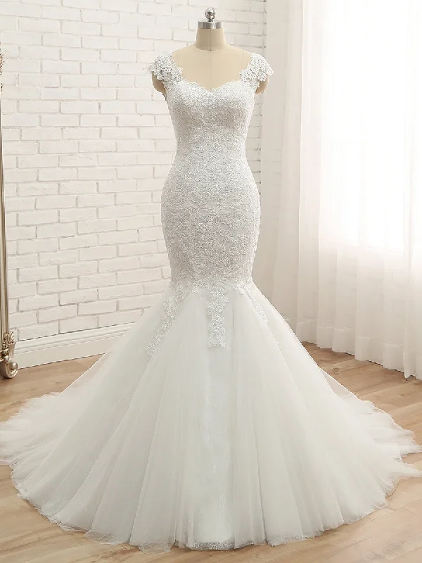 Epic Deals Trumpet/Mermaid V-Neck Sleeveless Applique Tulle Floor-Length Wedding Dresses