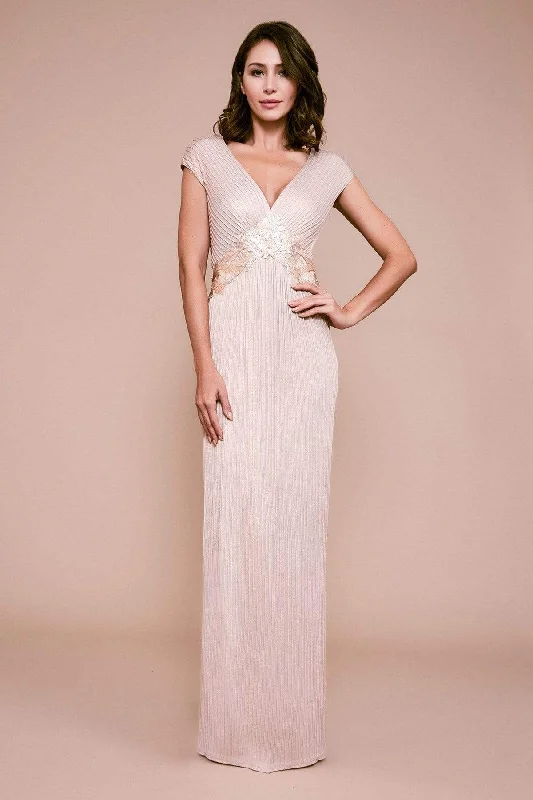 Savings Spectacular Tadashi Shoji - VG19292L V-Neckline Metallic Pintuck Sheath Gown