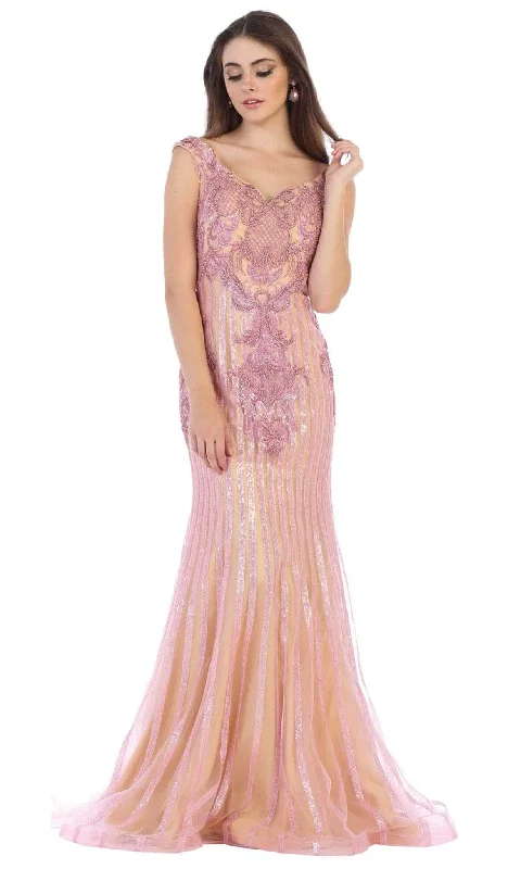 Closeout May Queen RQ7640 - Lace Appliqued V-Neck Evening Dress
