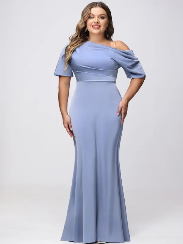 Early Access Sheath/Column One-Shoulder Short Sleeves Satin Ruched Long Plus Size Bridesmaid Dresses Early Access Sheath/Column One-Shoulder Short Sleeves Satin Ruched Long Plus Size Bridesmaid Dresses