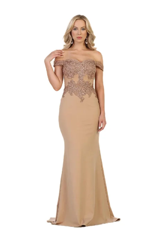 Shop and Save May Queen MQ-1529 Off Shoulder Lace Ornate Trumpet Gown