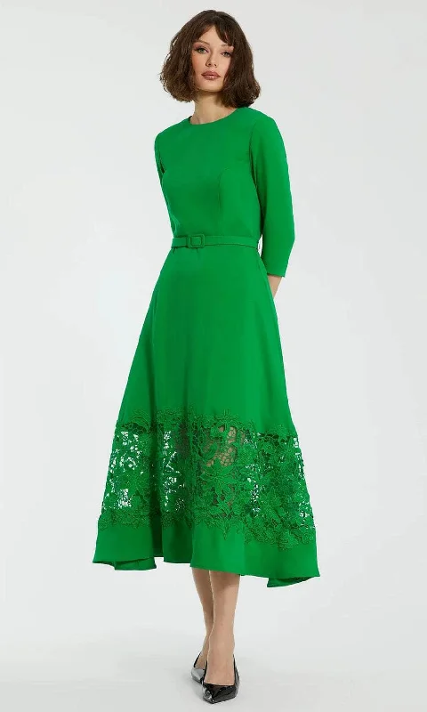 Members Only Mac Duggal 21001 - Lace Applique Quarter Sleeve Tea-Length Dress