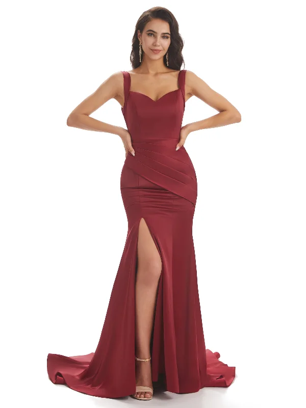 Price Rollback Sexy Soft Satin Side Slit Straps Square Floor-Length Mermaid Bridesmaid Dresses For Wedding
