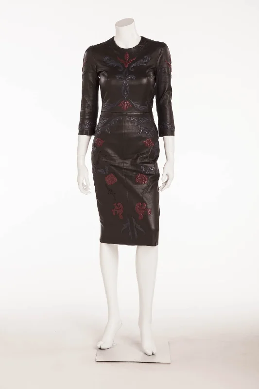 Price Slash Jitrois - Black 3/4 Sleeve Leather Dress Embellished with Blue and Red - FR 38