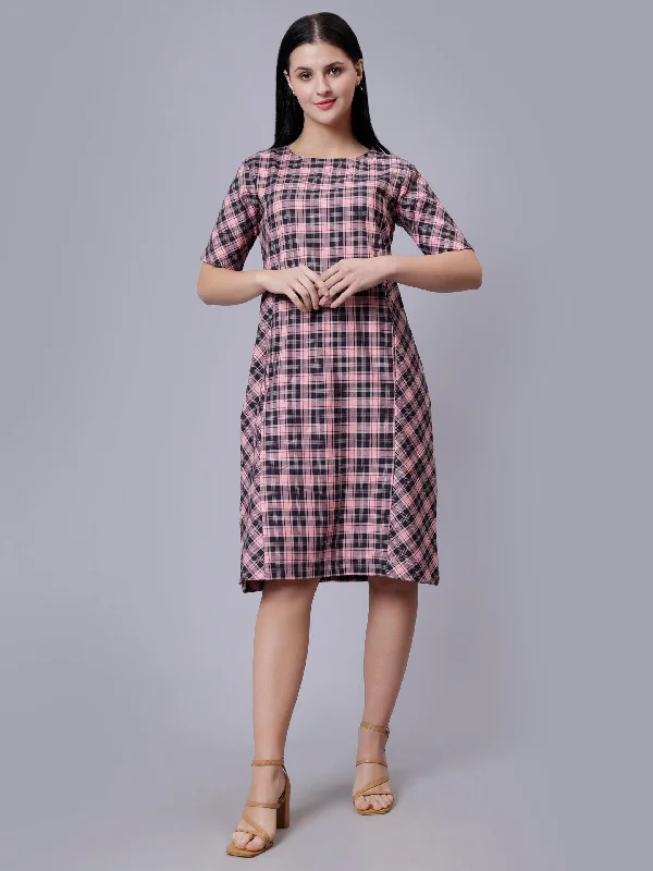 Major Savings Women's Pink Checked Cotton A-Line Midi Dress - Casual Short Sleeves Round Neck Major Savings Women's Pink Checked Cotton A-Line Midi Dress - Casual Short Sleeves Round Neck