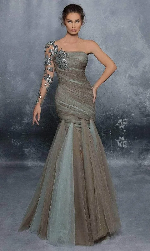 Price Break Tarik Ediz - 96008 Ruched Detailed One-Sleeve Evening Dress
